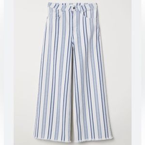H&M High Rise Wide Leg Cream & Blue Striped Ankle-length Twill Pants Size 6/8